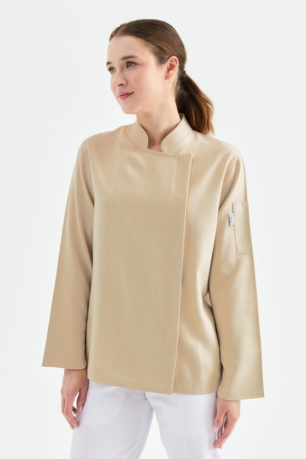 1923 Gizli Pat Şef Ceketi Koyu Bej - Keten Dokulu Esnek Mutfak Kıyafeti - MyChef Uniforms