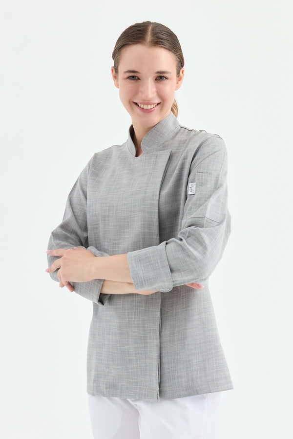 1923 Gizli Pat Kadın Şef Ceketi Koyu Gri - Keten Dokulu Esnek Mutfak Kıyafeti - MyChef Uniforms