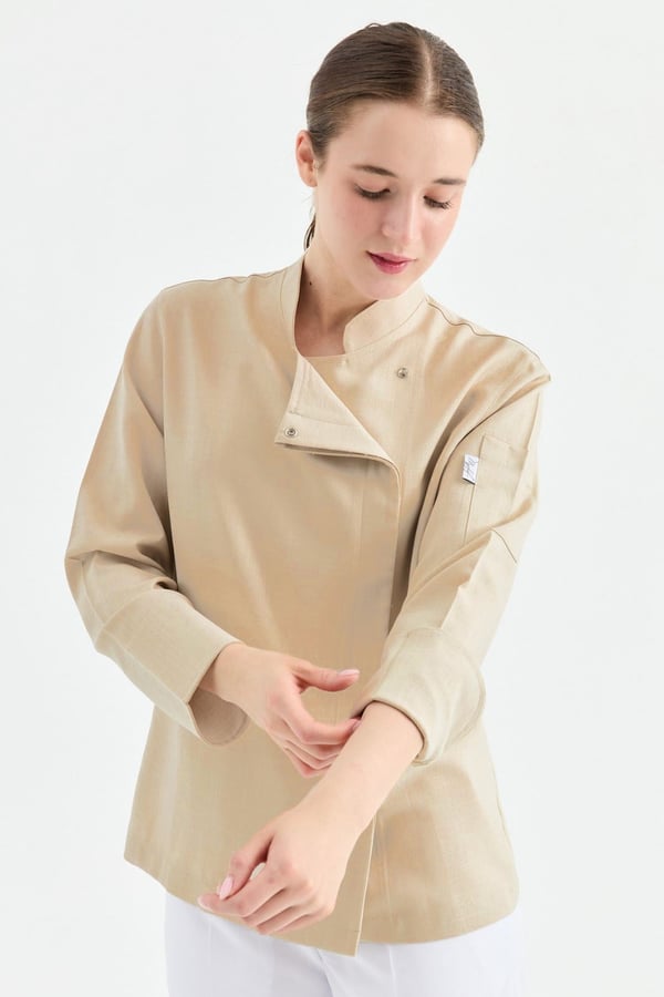 1923 Gizli Pat Şef Ceketi Koyu Bej - Keten Dokulu Esnek Mutfak Kıyafeti - MyChef Uniforms