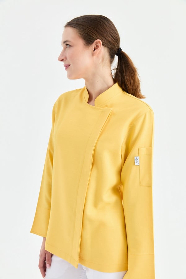 1923 Gizli Pat Kadın Şef Ceketi Sarı - Keten Dokulu Esnek Mutfak Kıyafeti - MyChef Uniforms