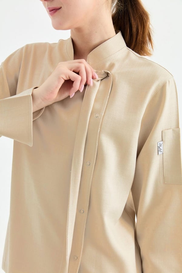 1923 Gizli Pat Şef Ceketi Koyu Bej - Keten Dokulu Esnek Mutfak Kıyafeti - MyChef Uniforms