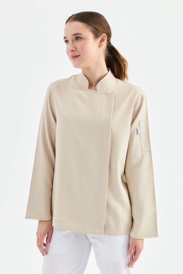 1923 Gizli Pat Kadın Şef Ceketi Bej - Keten Dokulu Esnek Mutfak Kıyafeti - MyChef Uniforms