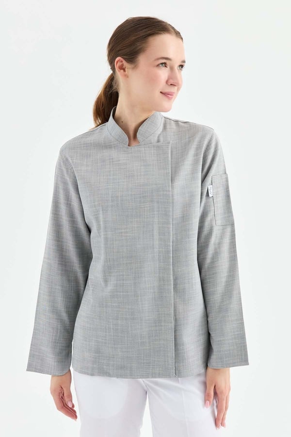 1923 Gizli Pat Kadın Şef Ceketi Koyu Gri - Keten Dokulu Esnek Mutfak Kıyafeti - MyChef Uniforms
