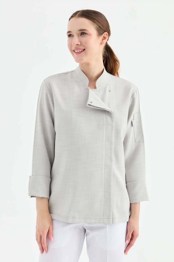 1923 Gizli Pat Kadın Şef Ceketi Gri - Keten Dokulu Esnek Mutfak Kıyafeti - MyChef Uniforms
