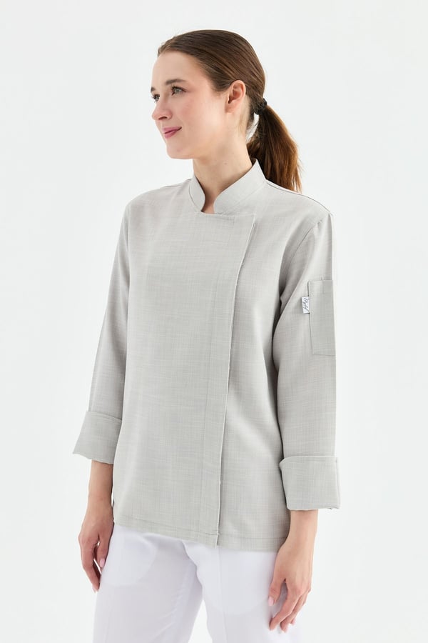 1923 Gizli Pat Kadın Şef Ceketi Gri - Keten Dokulu Esnek Mutfak Kıyafeti - MyChef Uniforms
