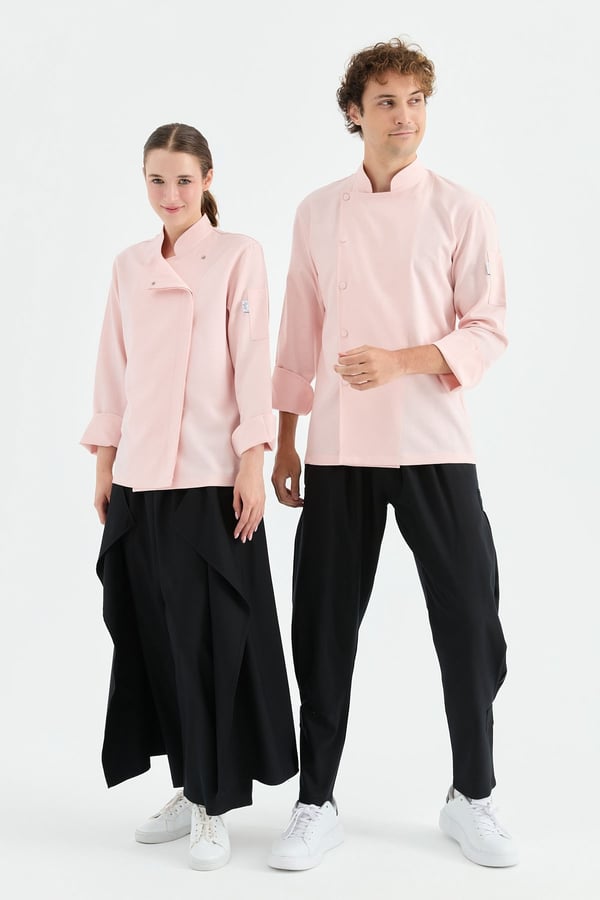 1923 Gizli Pat Şef Ceketi Pembe - Keten Dokulu Esnek Mutfak Kıyafeti - MyChef Uniforms