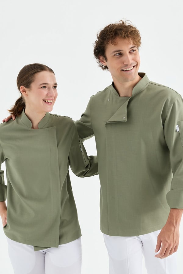 1923 Gizli Pat Kadın Şef Ceketi Haki - Keten Dokulu Esnek Mutfak Kıyafeti - MyChef Uniforms