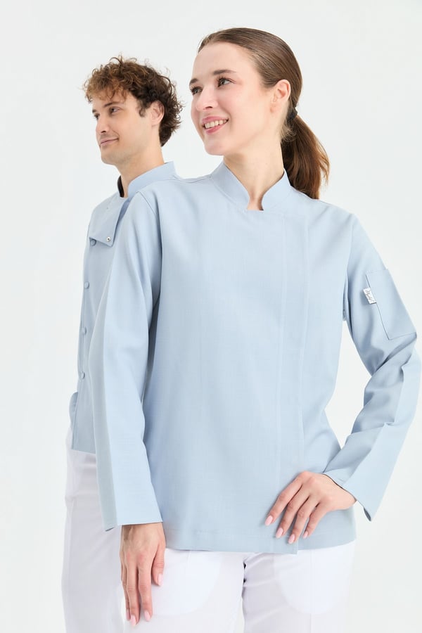 1923 Gizli Pat Kadın Şef Ceketi Mavi - Keten Dokulu Esnek Mutfak Kıyafeti - MyChef Uniforms