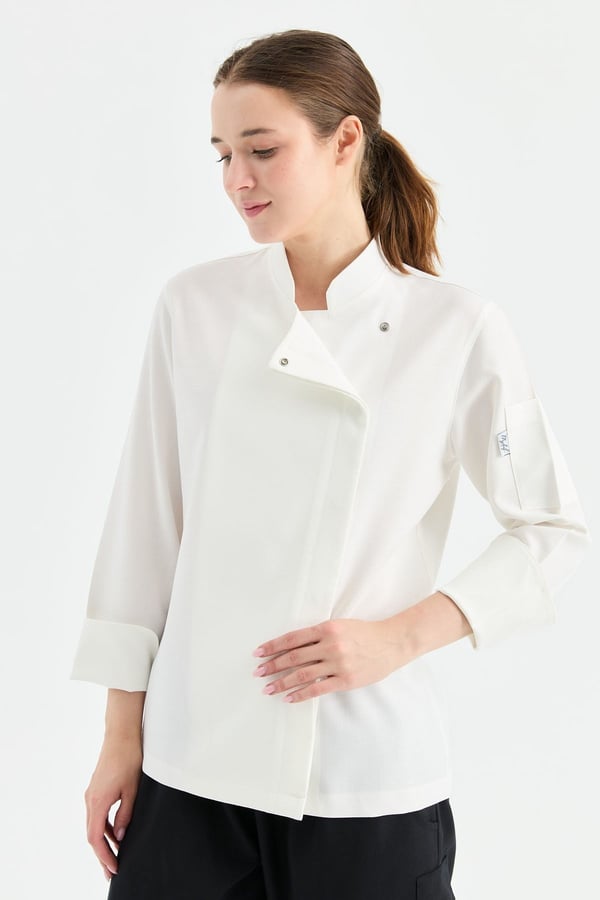 1923 Gizli Pat Kadın Şef Ceketi Beyaz - Keten Dokulu Esnek Mutfak Kıyafeti - MyChef Uniforms