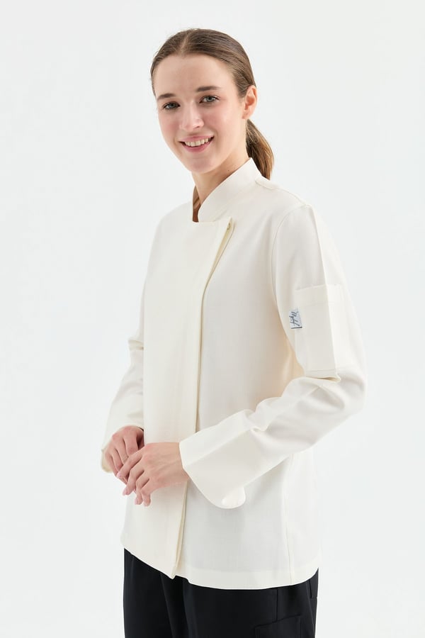 1923 Gizli Pat Kadın Şef Ceketi Krem - Keten Dokulu Esnek Mutfak Kıyafeti - MyChef Uniforms
