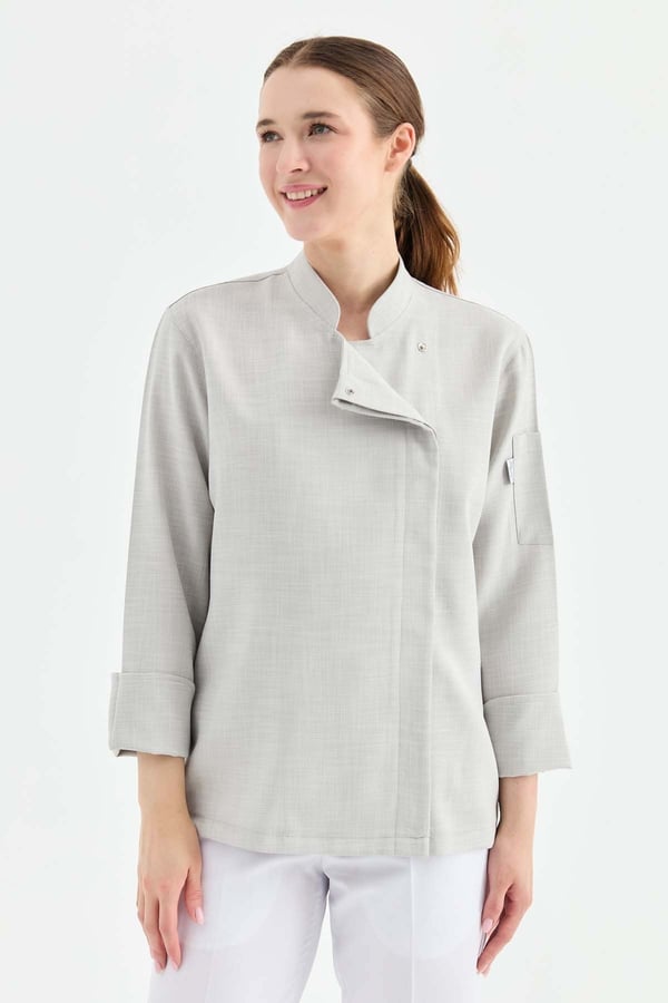 1923 Gizli Pat Kadın Şef Ceketi Gri - Keten Dokulu Esnek Mutfak Kıyafeti - MyChef Uniforms