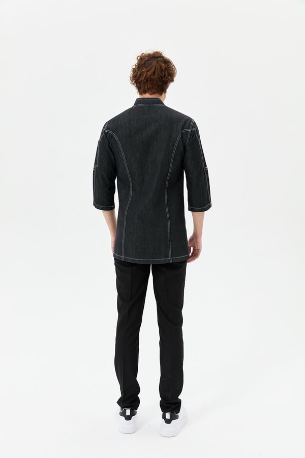 Denim Asimetrik Işıltı Yarım Kol Erkek Şef Ceketi Simli Siyah - Esnek Denim - MyChef Uniforms
