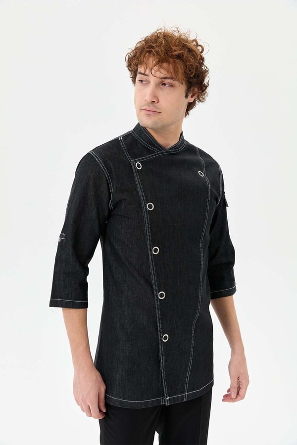Denim Asimetrik Işıltı Yarım Kol Erkek Şef Ceketi Simli Siyah - Esnek Denim - MyChef Uniforms
