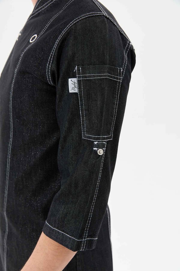 Denim Asimetrik Işıltı Yarım Kol Erkek Şef Ceketi Simli Siyah - Esnek Denim - MyChef Uniforms