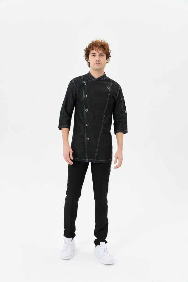 Denim Asimetrik Işıltı Yarım Kol Erkek Şef Ceketi Simli Siyah - Esnek Denim - MyChef Uniforms
