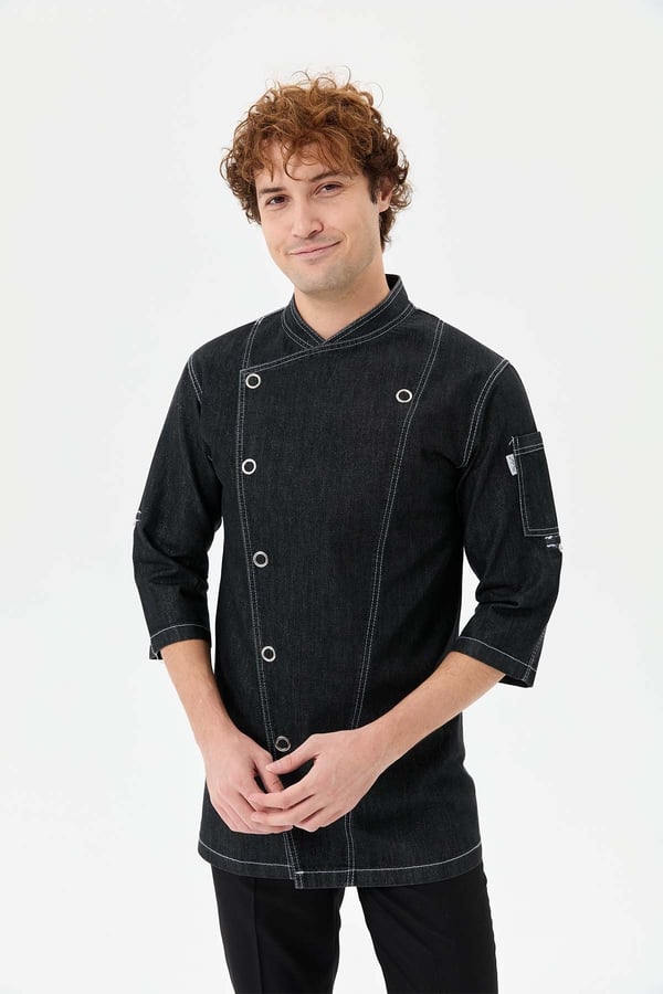 Denim Asimetrik Işıltı Yarım Kol Erkek Şef Ceketi Simli Siyah - Esnek Denim - MyChef Uniforms