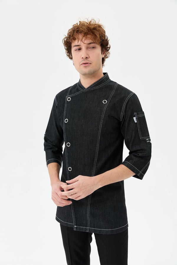 Denim Asimetrik Işıltı Yarım Kol Erkek Şef Ceketi Simli Siyah - Esnek Denim - MyChef Uniforms