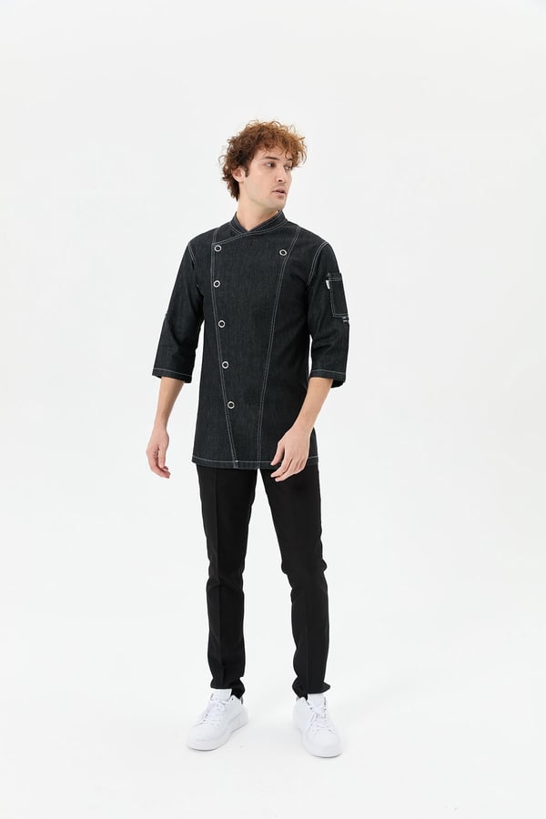 Denim Asimetrik Işıltı Yarım Kol Erkek Şef Ceketi Simli Siyah - Esnek Denim - MyChef Uniforms