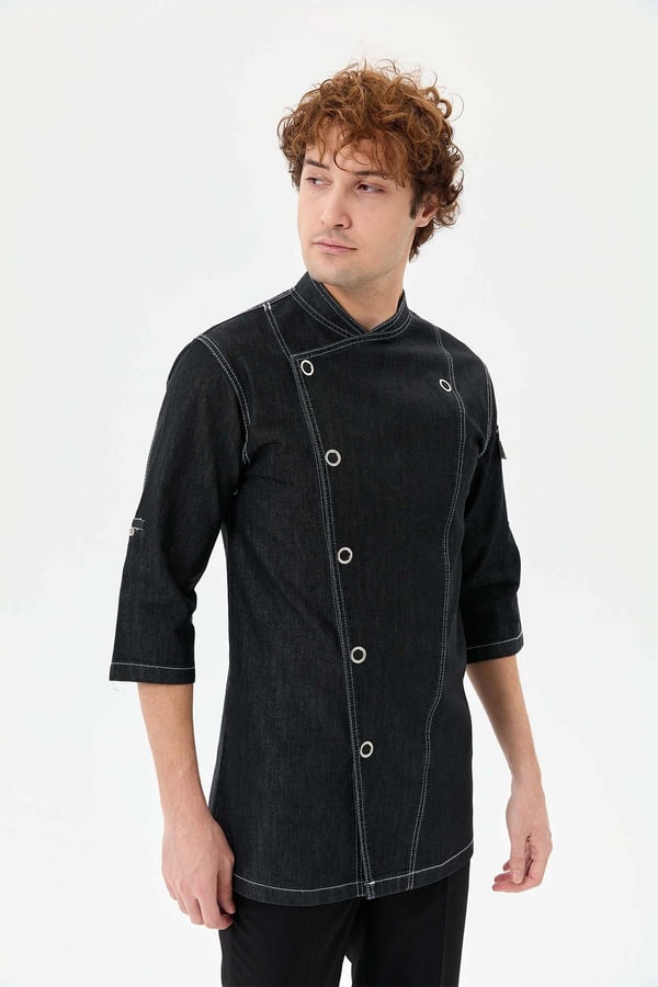 Denim Asimetrik Işıltı Yarım Kol Erkek Şef Ceketi Simli Siyah - Esnek Denim - MyChef Uniforms