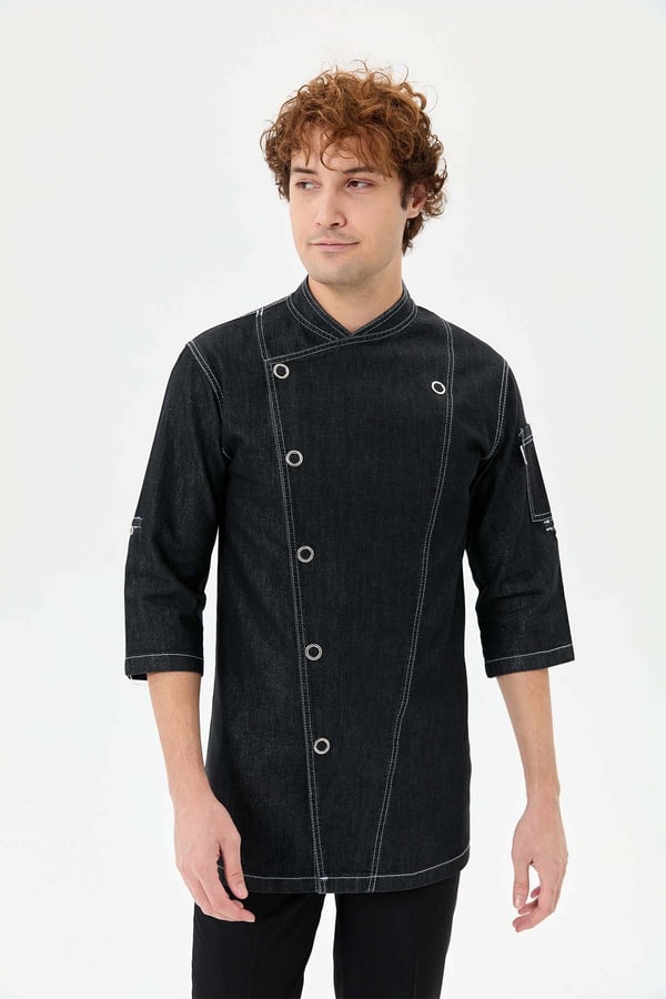 Denim Asimetrik Işıltı Yarım Kol Erkek Şef Ceketi Simli Siyah - Esnek Denim - MyChef Uniforms
