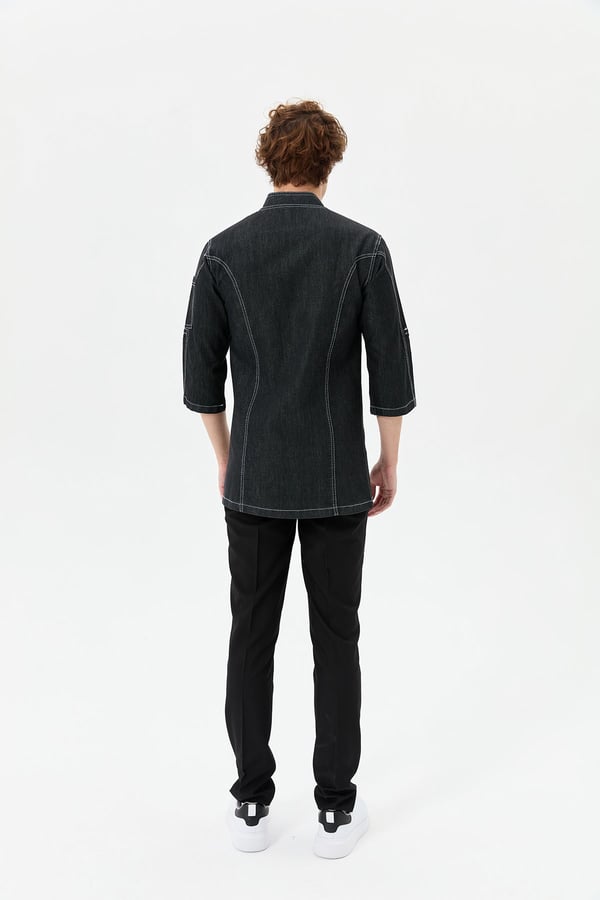 Denim Asimetrik Işıltı Yarım Kol Erkek Şef Ceketi Simli Siyah - Esnek Denim - MyChef Uniforms