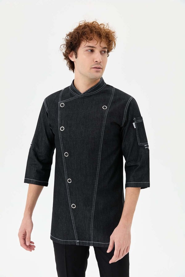 Denim Asimetrik Işıltı Yarım Kol Erkek Şef Ceketi Simli Siyah - Esnek Denim - MyChef Uniforms