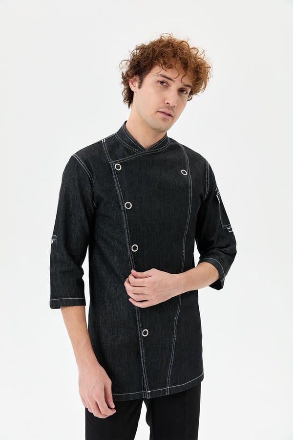 Denim Asimetrik Işıltı Yarım Kol Erkek Şef Ceketi Simli Siyah - Esnek Denim - MyChef Uniforms