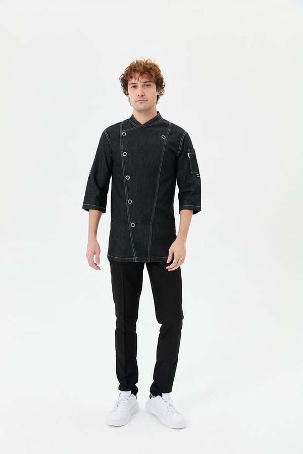 Denim Asimetrik Işıltı Yarım Kol Erkek Şef Ceketi Simli Siyah - Esnek Denim - MyChef Uniforms