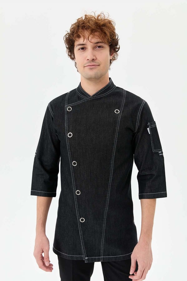 Denim Asimetrik Işıltı Yarım Kol Erkek Şef Ceketi Simli Siyah - Esnek Denim - MyChef Uniforms