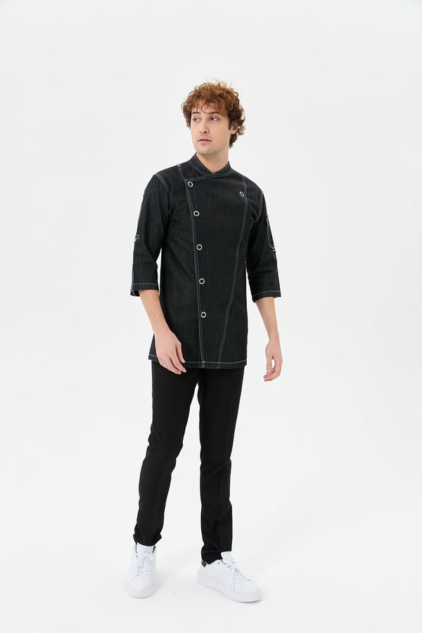 Denim Asimetrik Işıltı Yarım Kol Erkek Şef Ceketi Simli Siyah - Esnek Denim - MyChef Uniforms