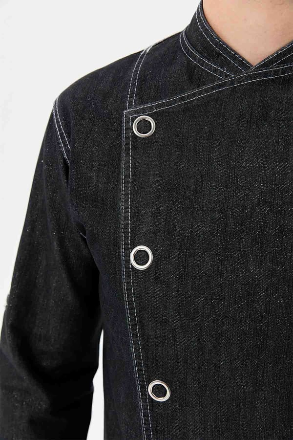 Denim Asimetrik Işıltı Yarım Kol Erkek Şef Ceketi Simli Siyah - Esnek Denim - MyChef Uniforms