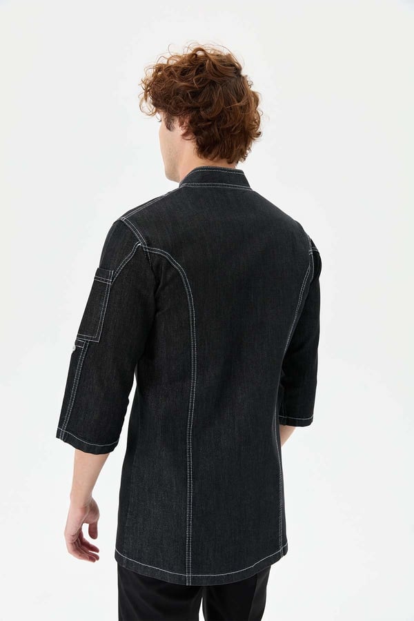 Denim Asimetrik Işıltı Yarım Kol Erkek Şef Ceketi Simli Siyah - Esnek Denim - MyChef Uniforms
