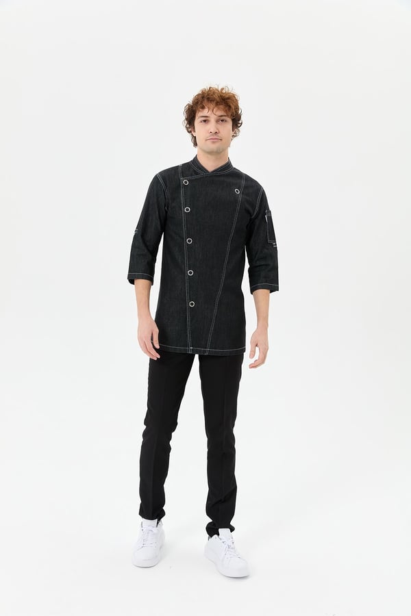 Denim Asimetrik Işıltı Yarım Kol Erkek Şef Ceketi Simli Siyah - Esnek Denim - MyChef Uniforms
