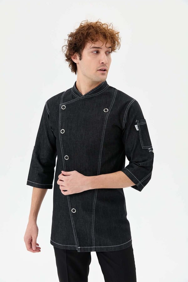 Denim Asimetrik Işıltı Yarım Kol Erkek Şef Ceketi Simli Siyah - Esnek Denim - MyChef Uniforms