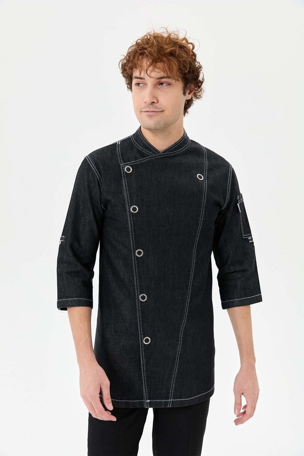 Denim Asimetrik Işıltı Yarım Kol Erkek Şef Ceketi Simli Siyah - Esnek Denim - MyChef Uniforms
