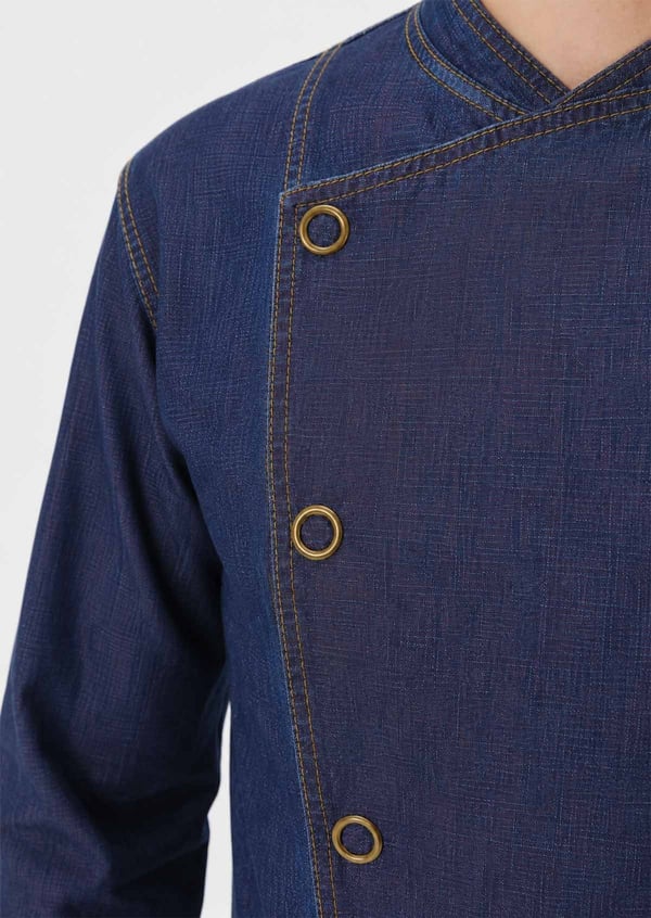 Denim Asimetrik Yarım Kol Şef Ceketi Koyu Lacivert - Kırmızı Dokuma - MyChef Uniforms