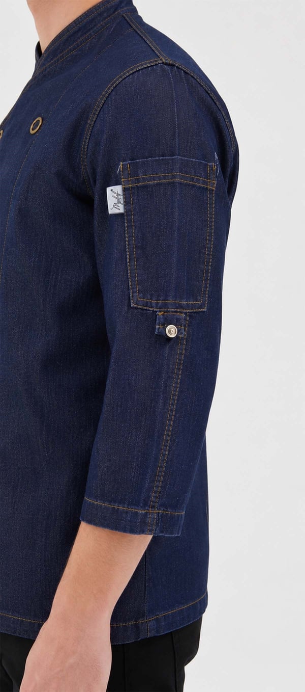 Denim Asimetrik Yarım Kol Şef Ceketi Koyu Lacivert - Kırmızı Dokuma - MyChef Uniforms