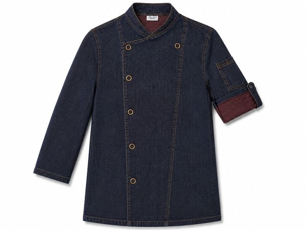 Denim Asimetrik Yarım Kol Şef Ceketi Koyu Lacivert - Kırmızı Dokuma - MyChef Uniforms