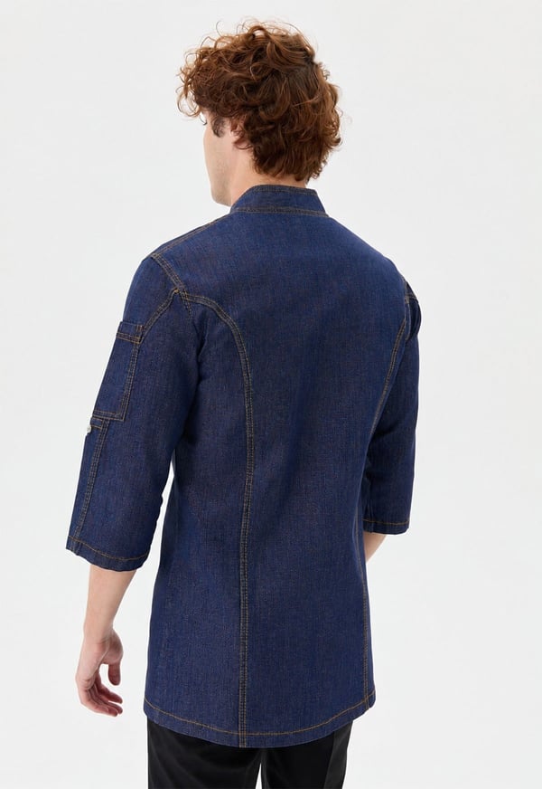 Denim Asimetrik Yarım Kol Şef Ceketi Koyu Lacivert - Kırmızı Dokuma - MyChef Uniforms