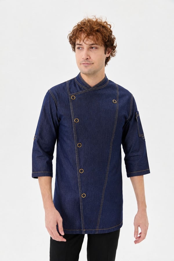 Denim Asimetrik Yarım Kol Şef Ceketi Koyu Lacivert - Kırmızı Dokuma - MyChef Uniforms