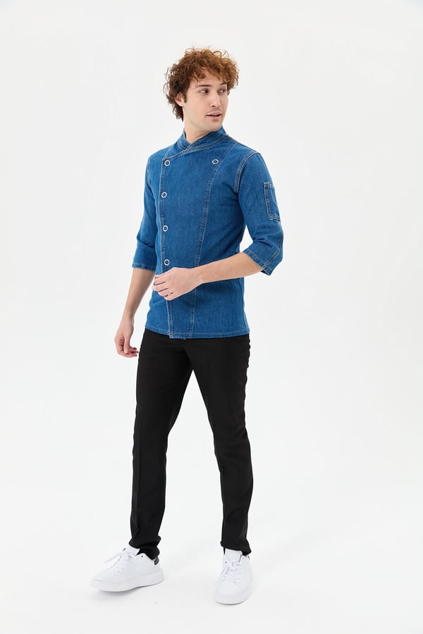 Denim Asimetrik Klasik Yarım Kol Şef Ceketi Mavi - Pamuk Denim - MyChef Uniforms
