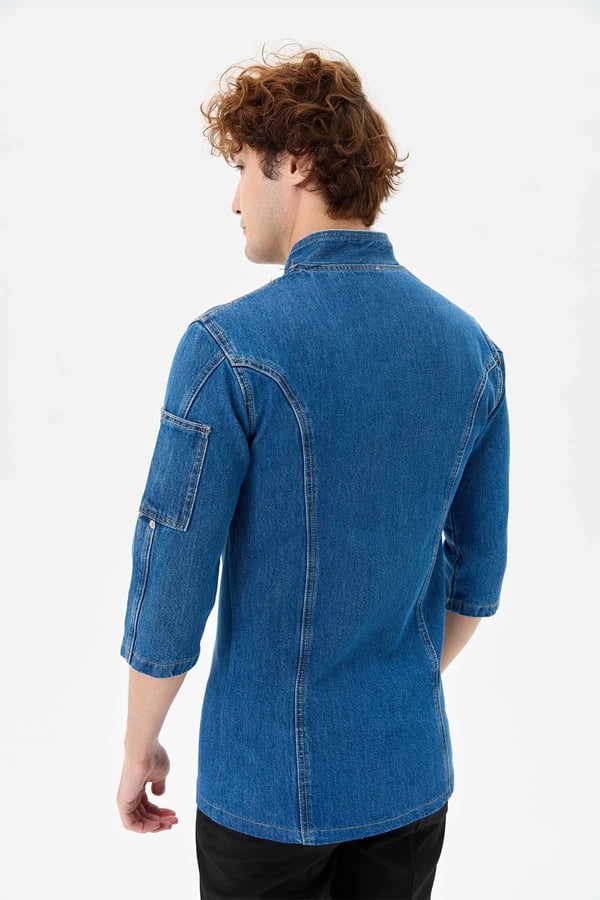 Denim Asimetrik Klasik Yarım Kol Şef Ceketi Mavi - Pamuk Denim - MyChef Uniforms