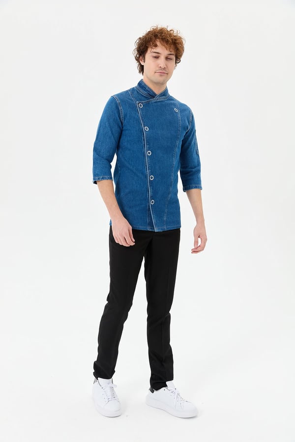 Denim Asimetrik Klasik Yarım Kol Şef Ceketi Mavi - Pamuk Denim - MyChef Uniforms
