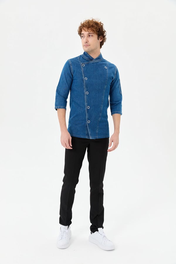 Denim Asimetrik Klasik Yarım Kol Şef Ceketi Mavi - Pamuk Denim - MyChef Uniforms