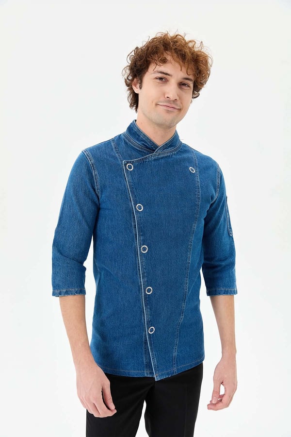 Denim Asimetrik Klasik Yarım Kol Şef Ceketi Mavi - Pamuk Denim - MyChef Uniforms