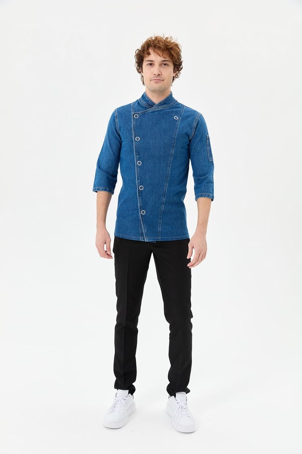 Denim Asimetrik Klasik Yarım Kol Şef Ceketi Mavi - Pamuk Denim - MyChef Uniforms