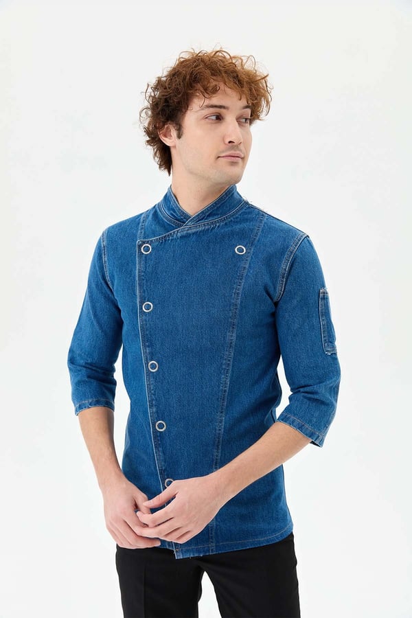 Denim Asimetrik Klasik Yarım Kol Şef Ceketi Mavi - Pamuk Denim - MyChef Uniforms