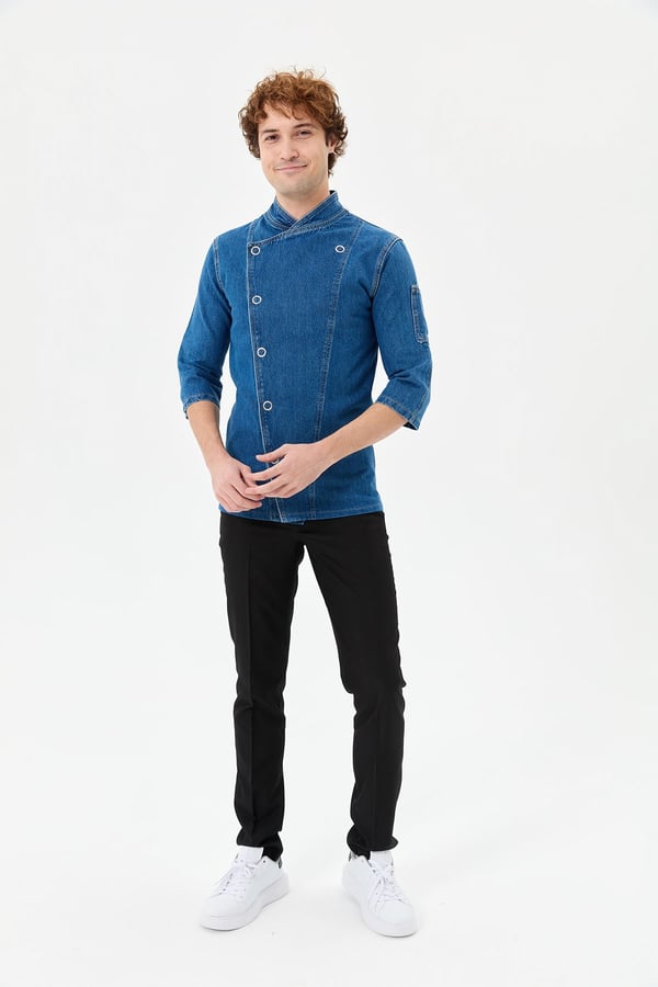 Denim Asimetrik Klasik Yarım Kol Şef Ceketi Mavi - Pamuk Denim - MyChef Uniforms