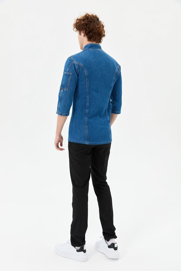 Denim Asimetrik Klasik Yarım Kol Şef Ceketi Mavi - Pamuk Denim - MyChef Uniforms