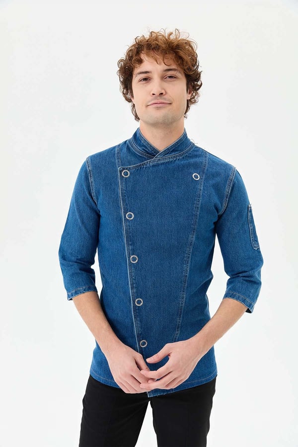 Denim Asimetrik Klasik Yarım Kol Şef Ceketi Mavi - Pamuk Denim - MyChef Uniforms
